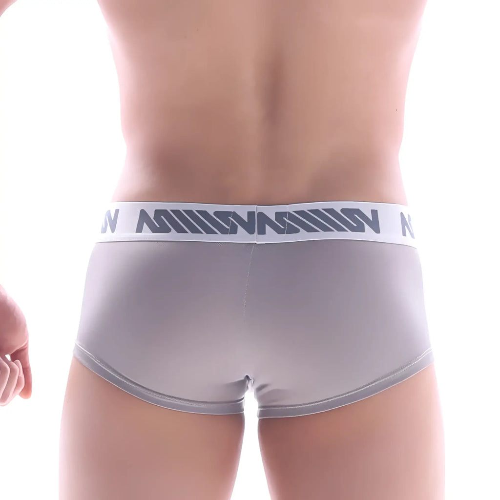 Gray men’s briefs MetroMaleWear lux short boxer with white elastic waistband and dark gray n logo pattern