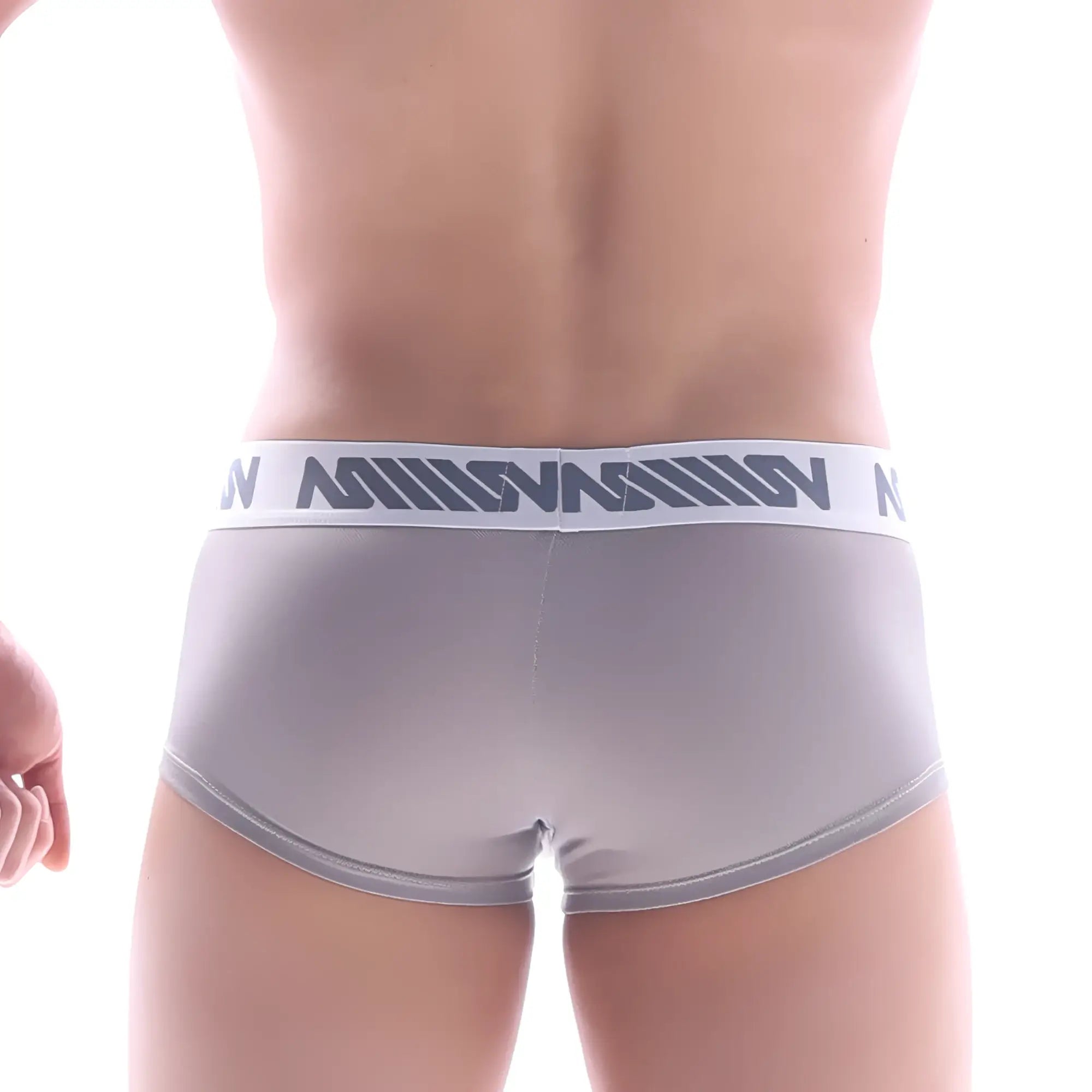 Gray men’s briefs MetroMaleWear lux short boxer with white elastic waistband and dark gray n logo pattern