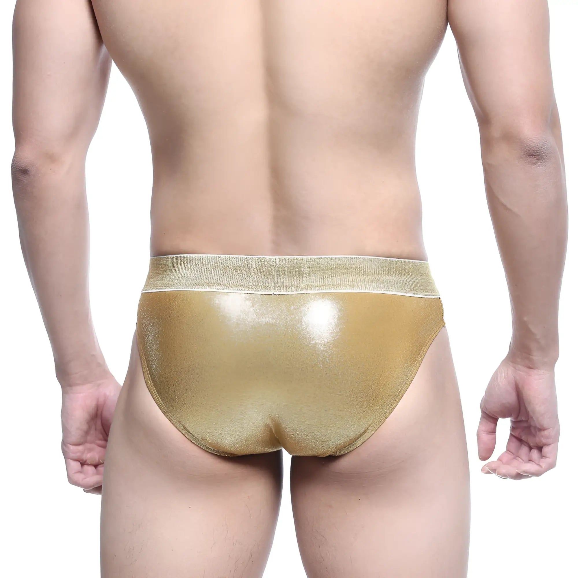 MetroMaleWear Luxor swim brief shiny gold metallic with textured glittery finish and matching elastic waistband