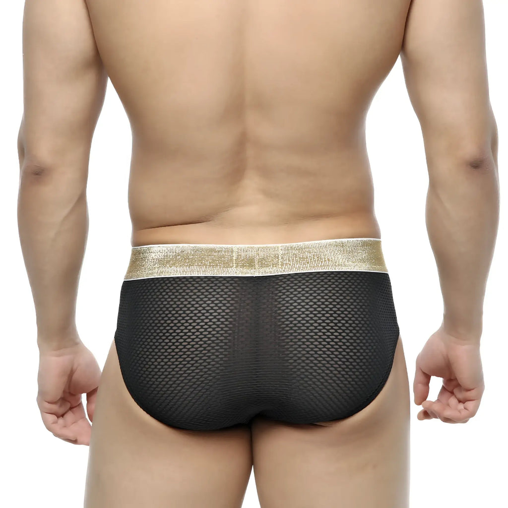 MetroMaleWear luxury hip brief black mesh with a shimmering gold waistband for stylish men’s underwear