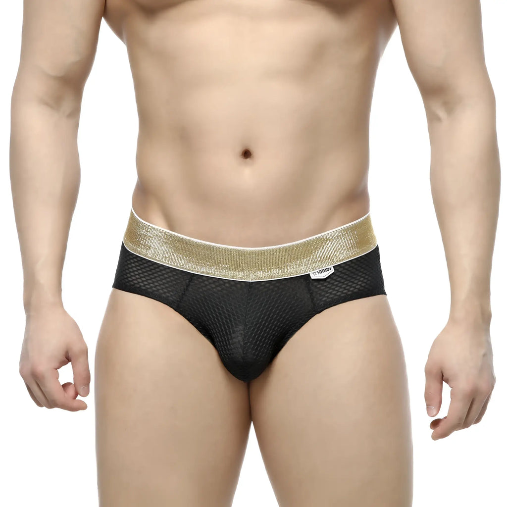 MetroMaleWear luxury hip brief black 5003-05 black mesh briefs with a shimmering gold waistband for stylish comfort