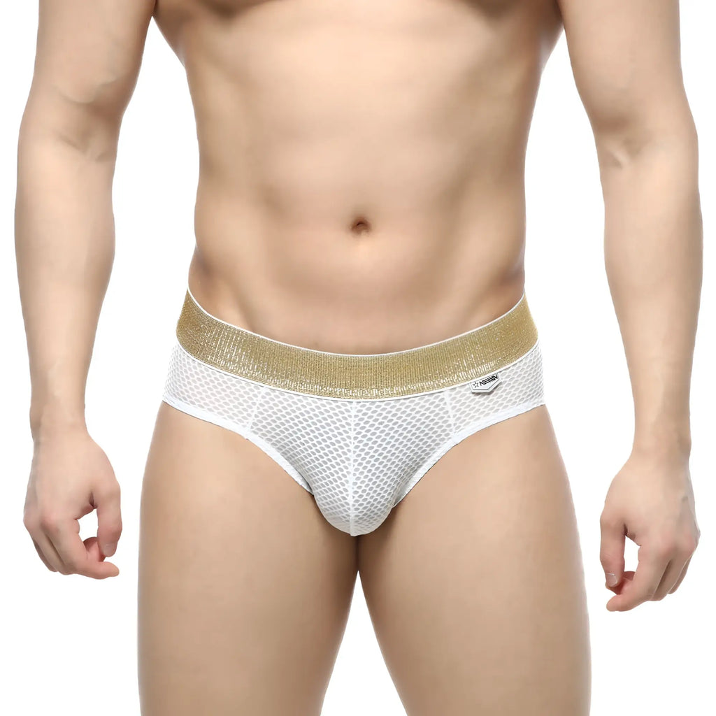 MetroMaleWear luxury hip brief white mesh with shimmering gold waistband showing front view