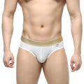 MetroMaleWear luxury hip brief white mesh with shimmering gold waistband showing front view
