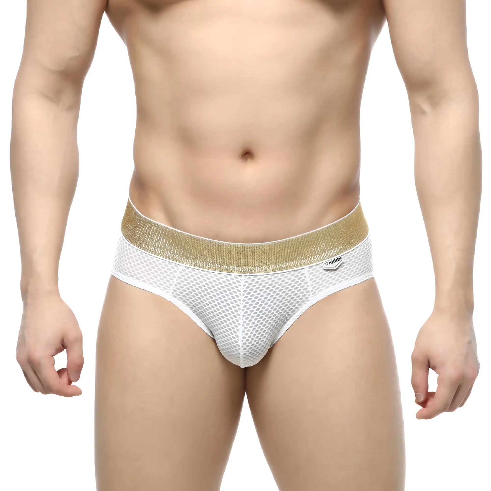 MetroMaleWear luxury hip brief white mesh with shimmering gold waistband showing front view