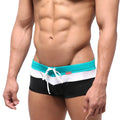 MetroMaleWear Lycos swim trunk green with bold teal white and black horizontal stripes and matching drawstring waistband