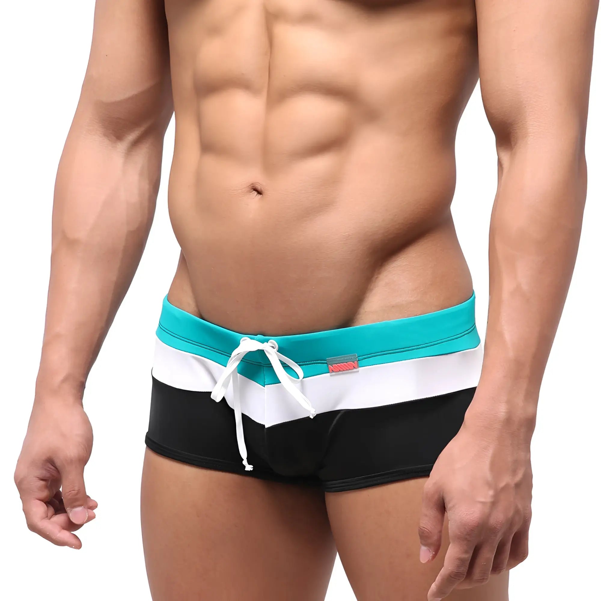 MetroMaleWear Lycos swim trunk green with bold teal white and black horizontal stripes and matching drawstring waistband