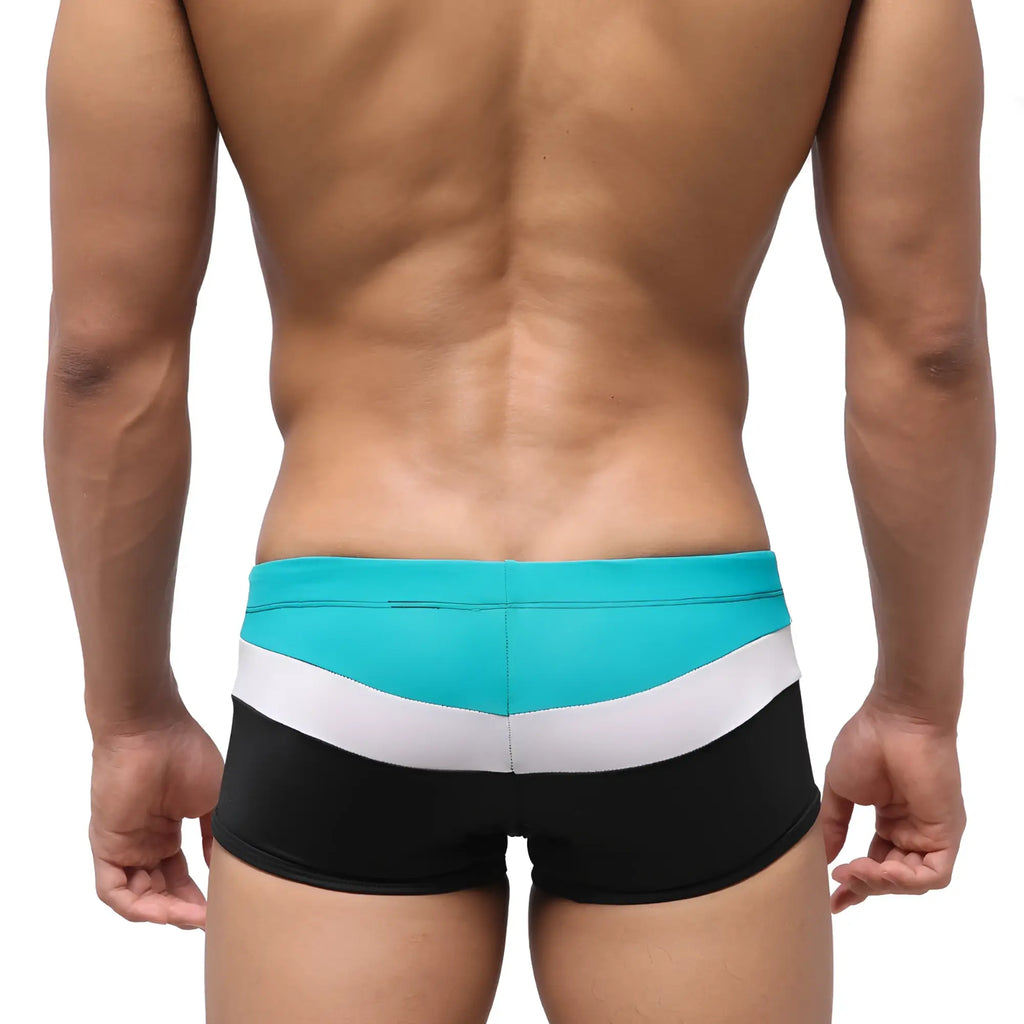 Turquiose white and black striped sleek modern swim trunks by metromalewear lycos in green color for men