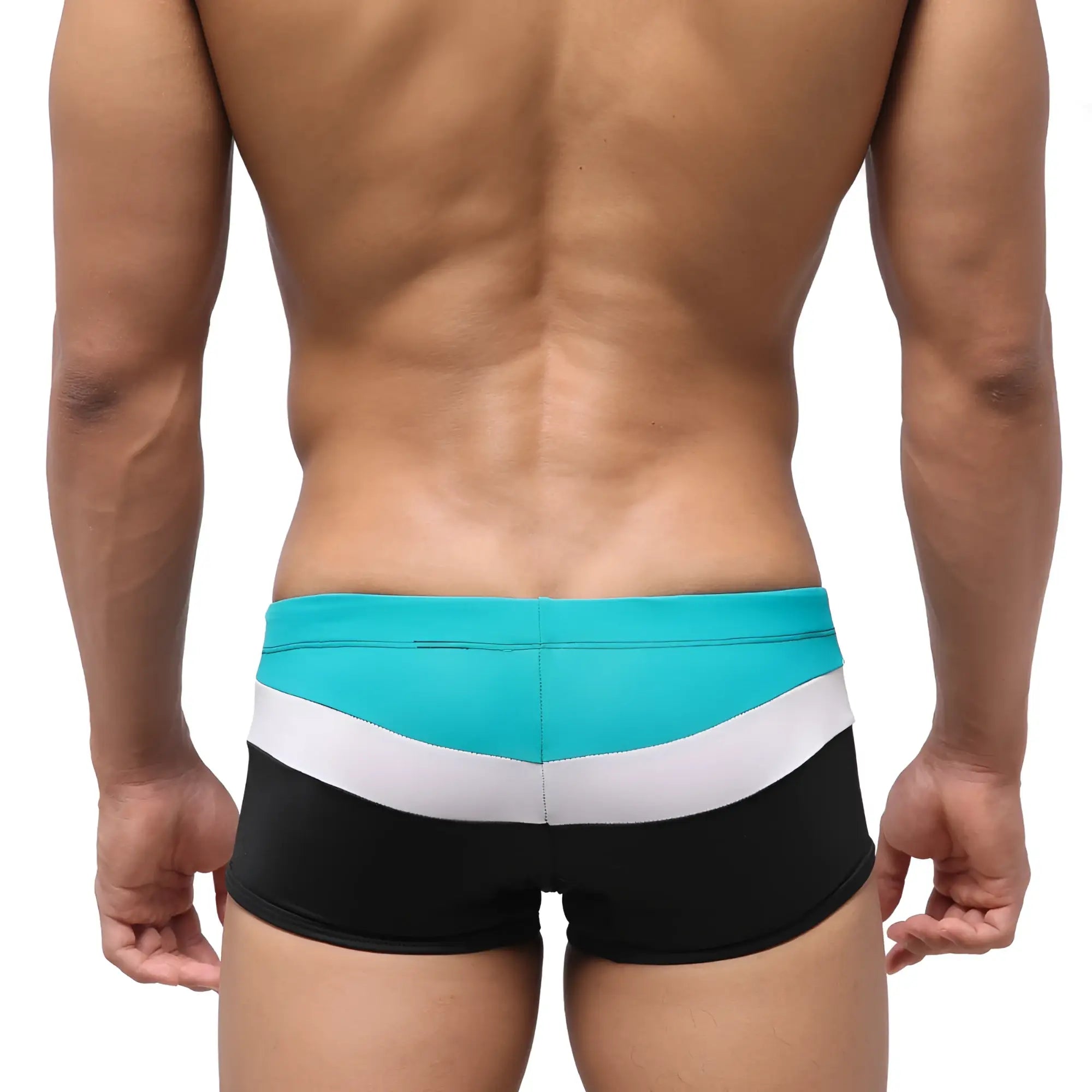 Turquiose white and black striped sleek modern swim trunks by metromalewear lycos in green color for men