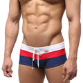 Men’s swim trunks metro malewear lycos with navy base and bold red white horizontal stripes on waistband