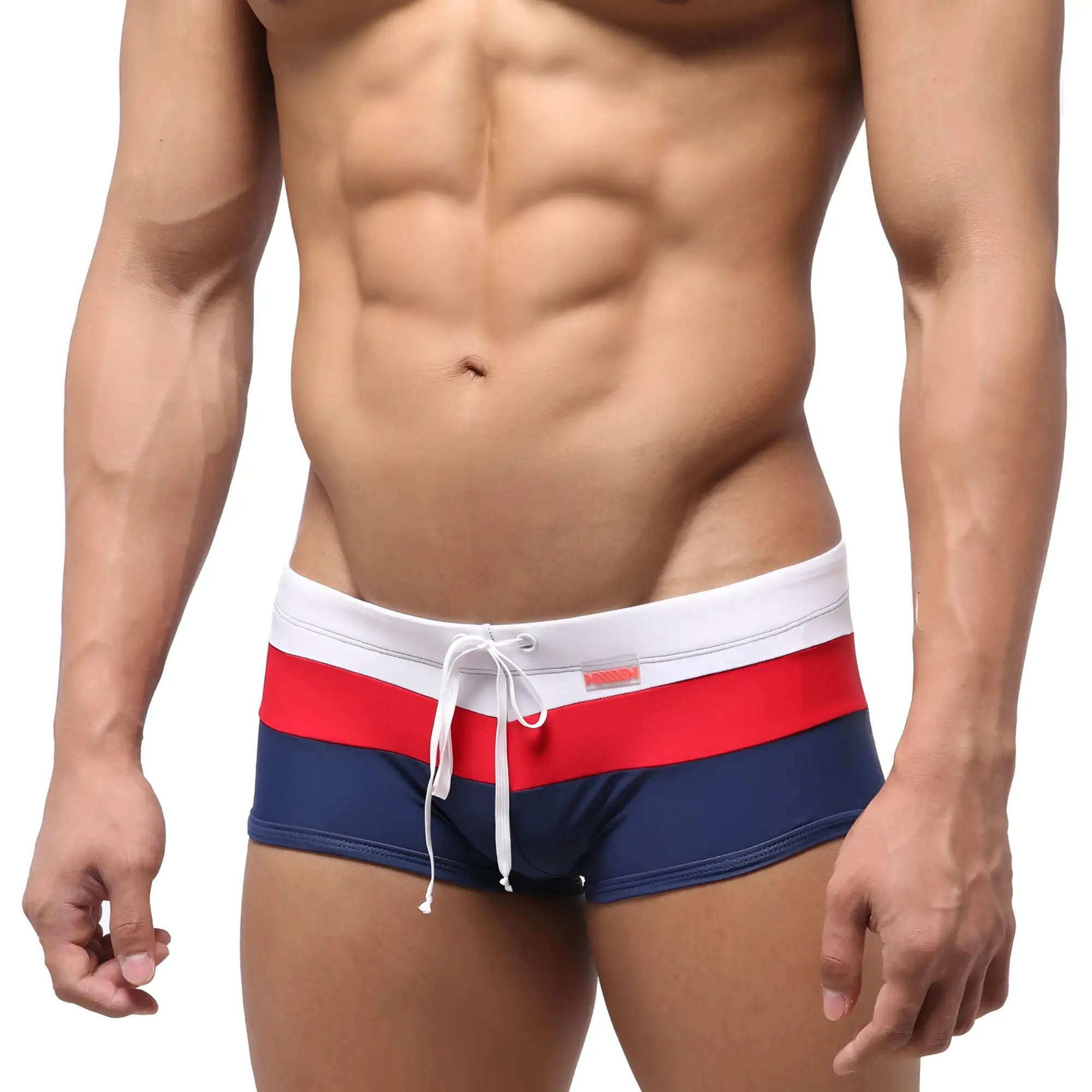Men’s swim trunks metro malewear lycos with navy base and bold red white horizontal stripes on waistband