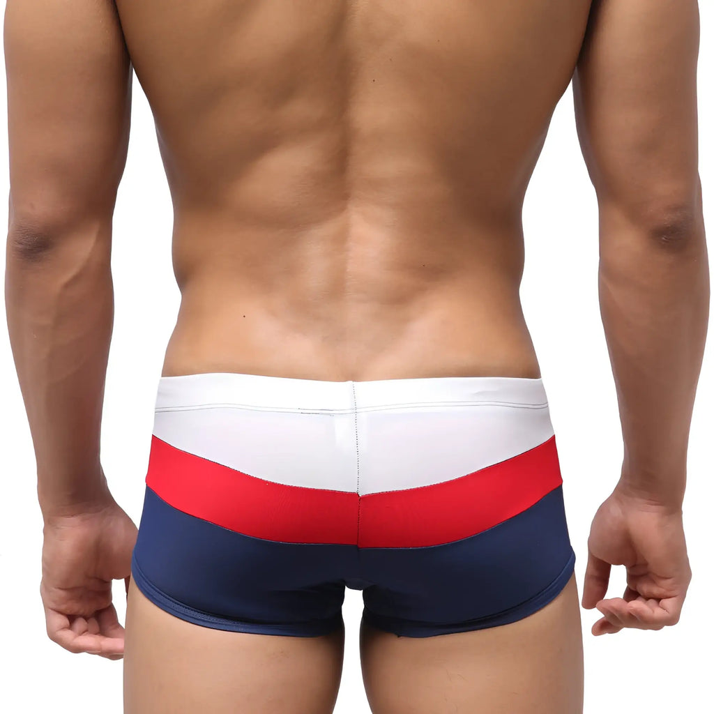 Men’s swim trunks by metro-malewear with bold red white and navy blue horizontal stripes for casual beachwear