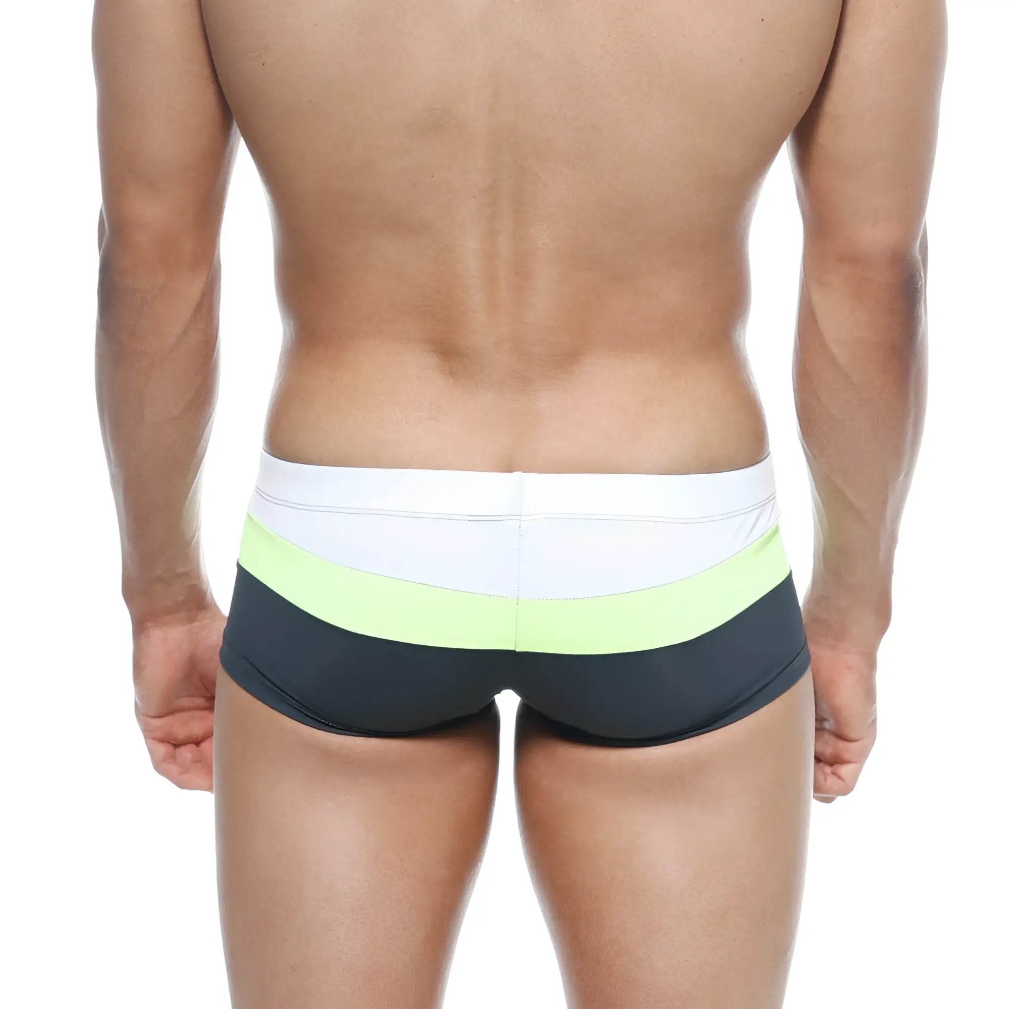 Men’s MetroMaleWear Lycos swim trunks with white waistband and lime green black horizontal stripes ideal for swimming
