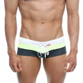 Metro malewear lycos men’s swim trunks with white waistband lime green and black stripes and white drawstring ties