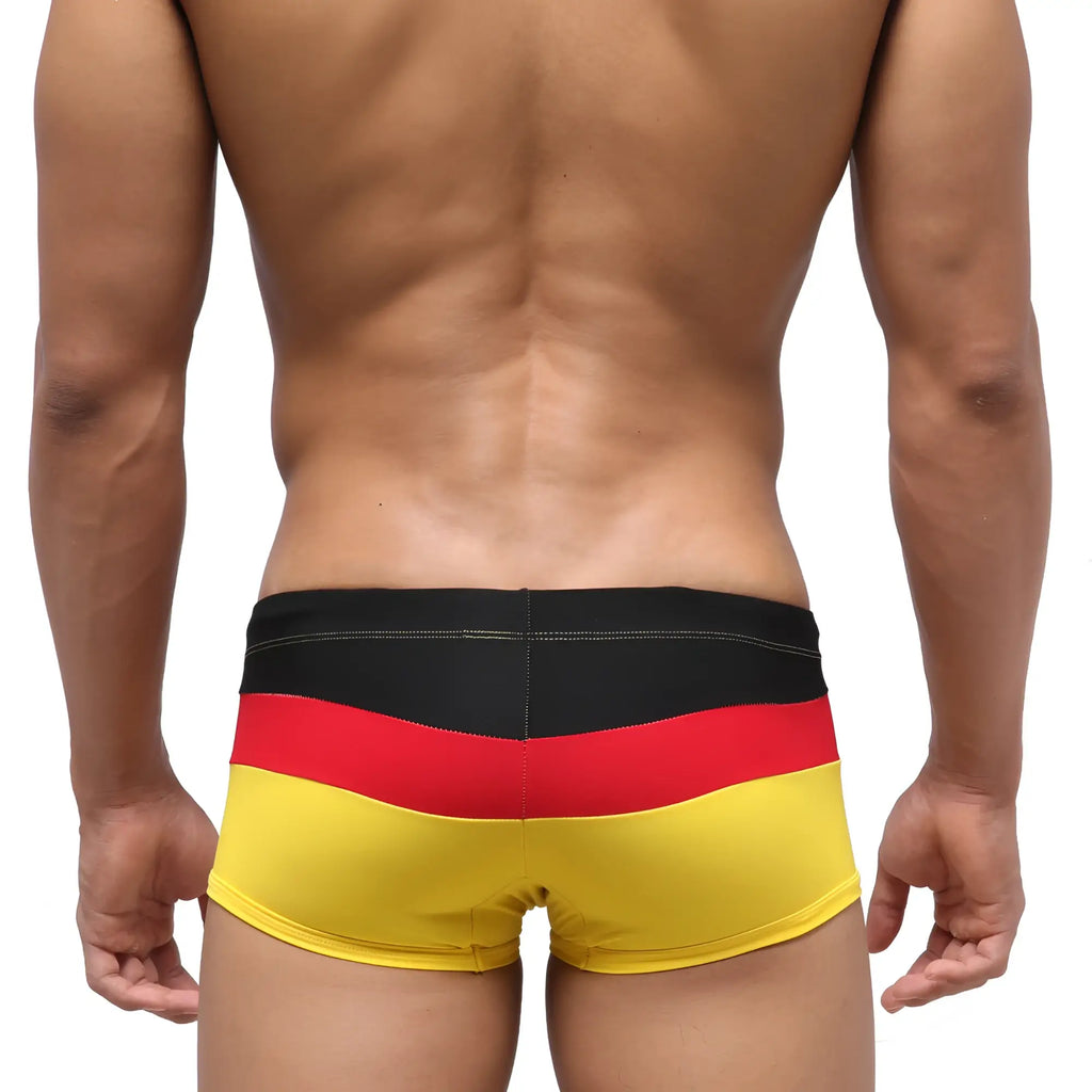 MetroMaleWear Lycos swim trunk in yellow with black red and yellow German flag stripes for casual beachwear