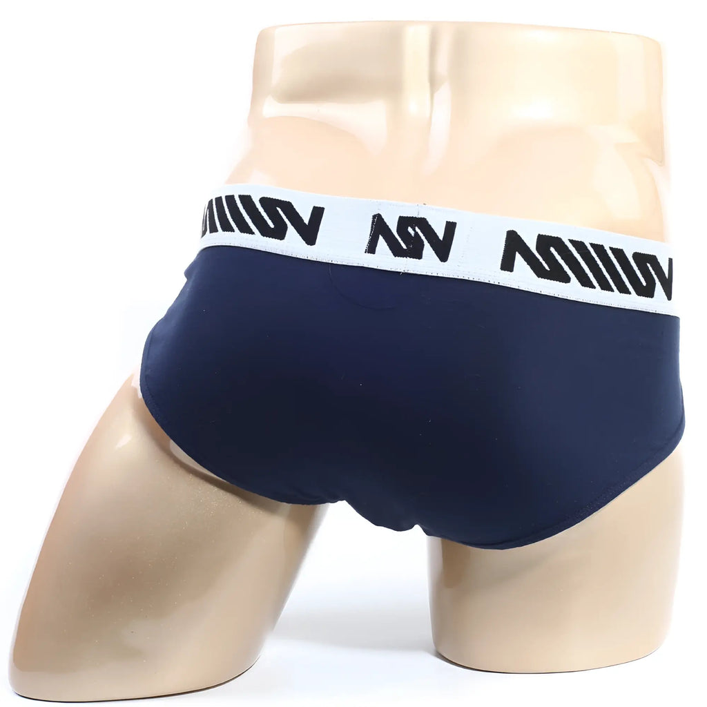 MetroMalewear m25 hip brief in navy blue with white elastic waistband featuring black asv branding