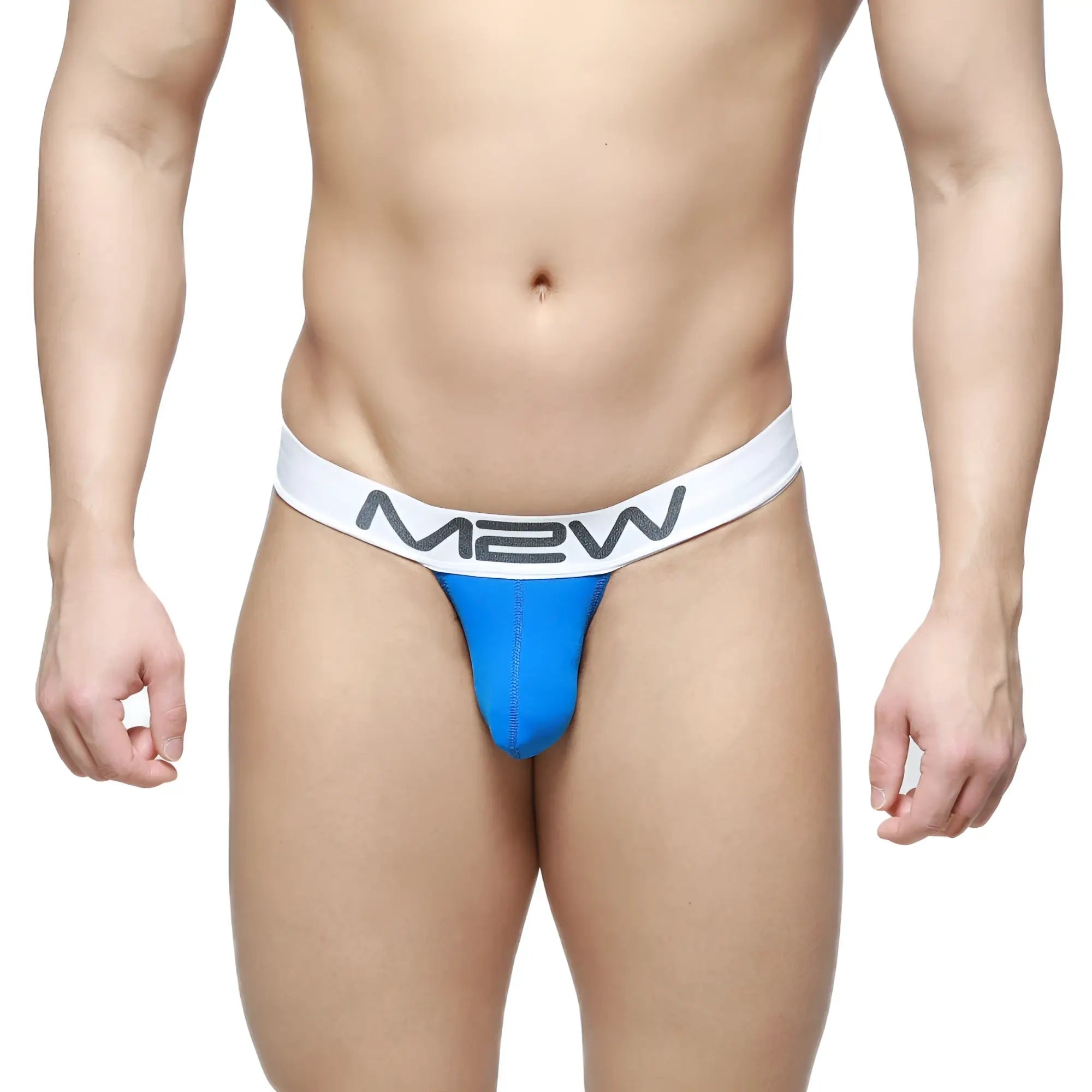 Blue m2w brand briefs with white waistband and gray m2w logo from MetroMaleWear M2W Pocket Thong Azul 3202-18