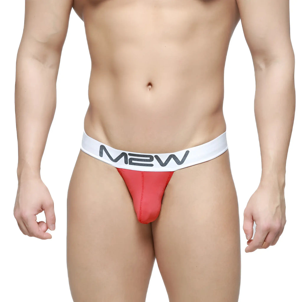 Red m2w pocket thong with white waistband and black lettering from MetroMaleWear designed for comfort and style