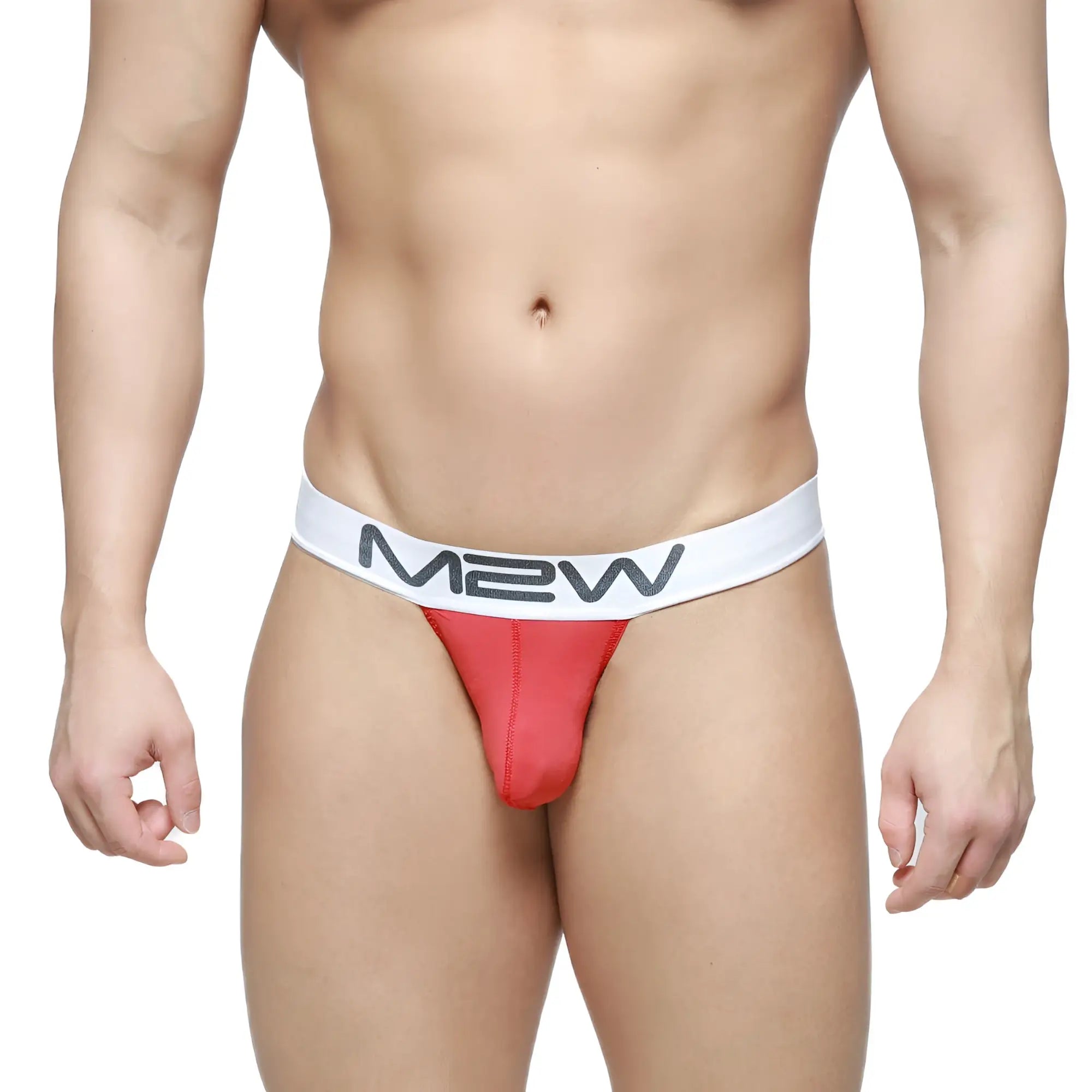 Red m2w pocket thong with white waistband and black lettering from MetroMaleWear designed for comfort and style