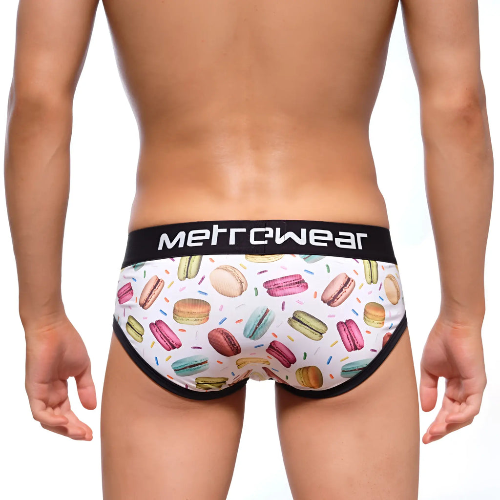 White briefs with colorful macaron pattern and black trim featuring metrowear brand on the waistband MetroMaleWear 9003-32