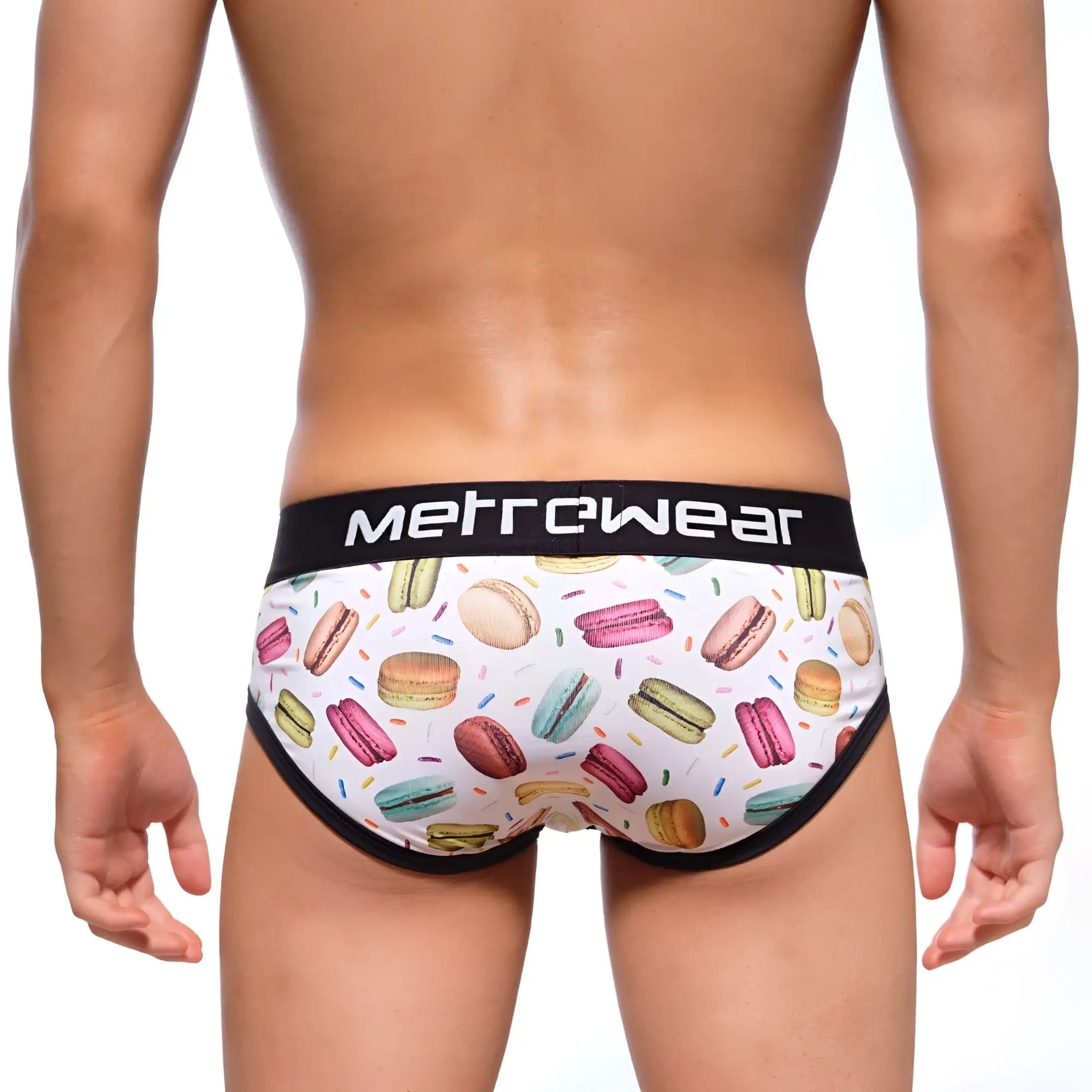 White briefs with colorful macaron pattern and black trim featuring metrowear brand on the waistband MetroMaleWear 9003-32