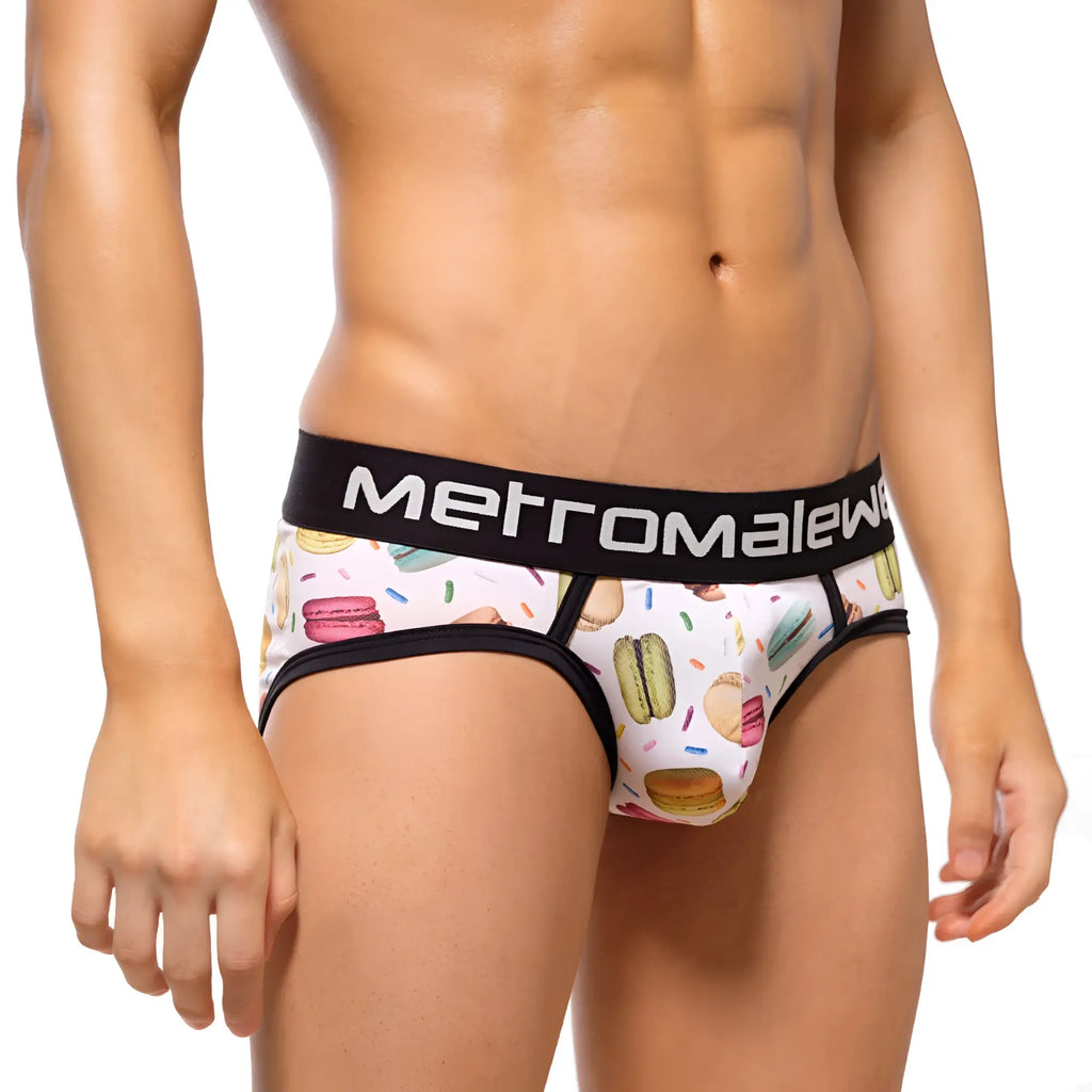 White men’s briefs with playful macaron and sprinkle pattern and black elastic metromalew waistband metro male wear 9003-32