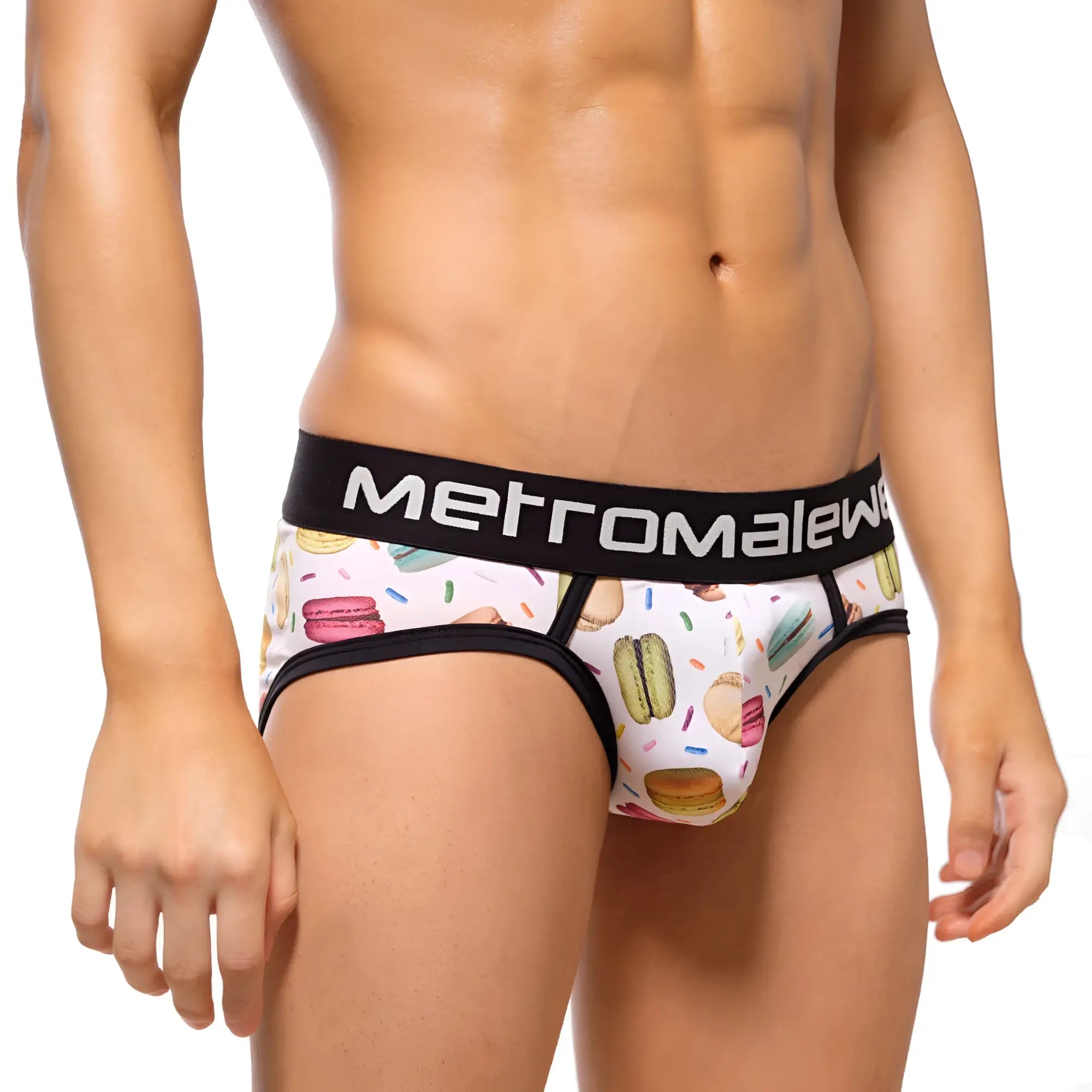 White men’s briefs with playful macaron and sprinkle pattern and black elastic metromalew waistband metro male wear 9003-32