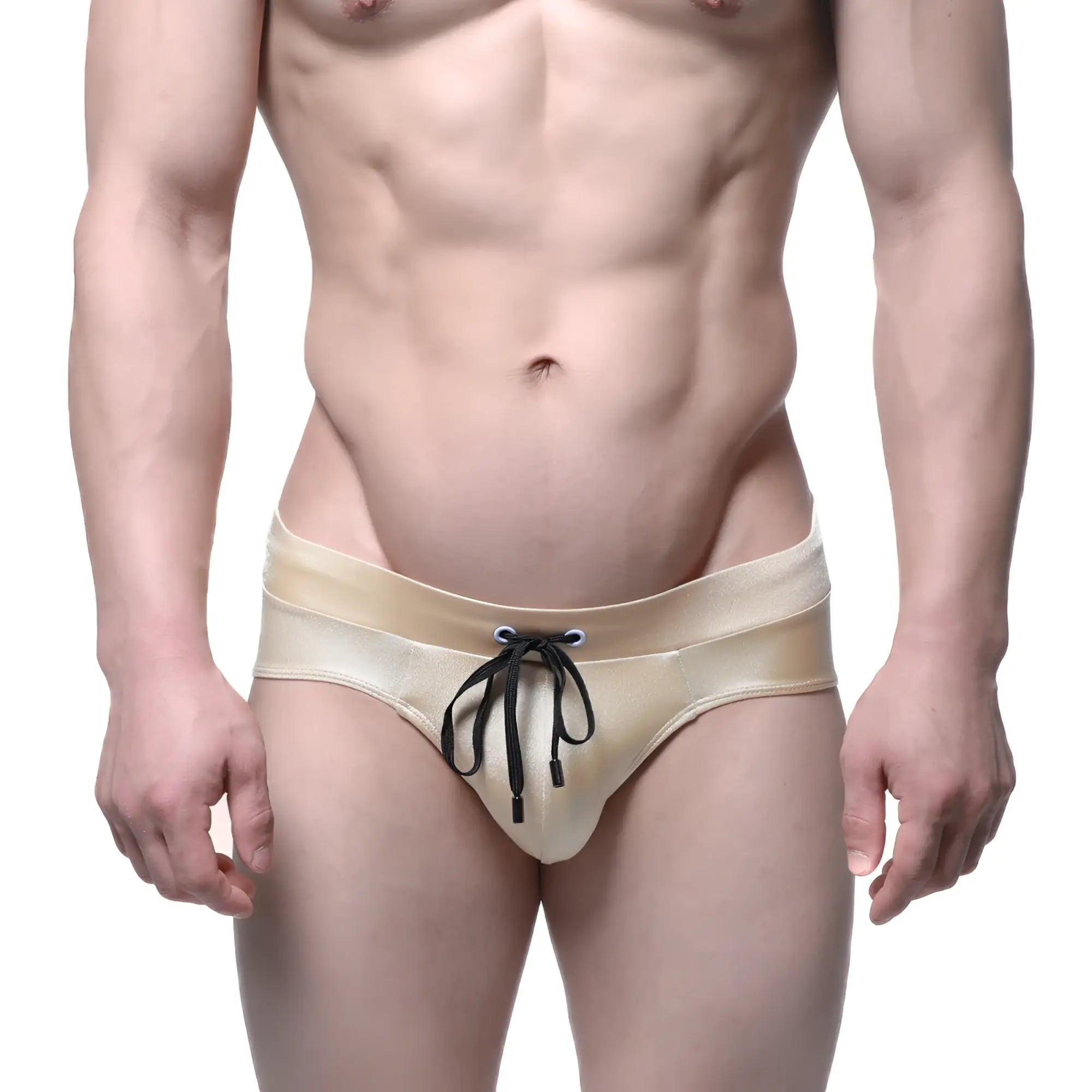 Beige satin metroMalewear Madrid swim briefs with black drawstring ties gold 4973-21 front view
