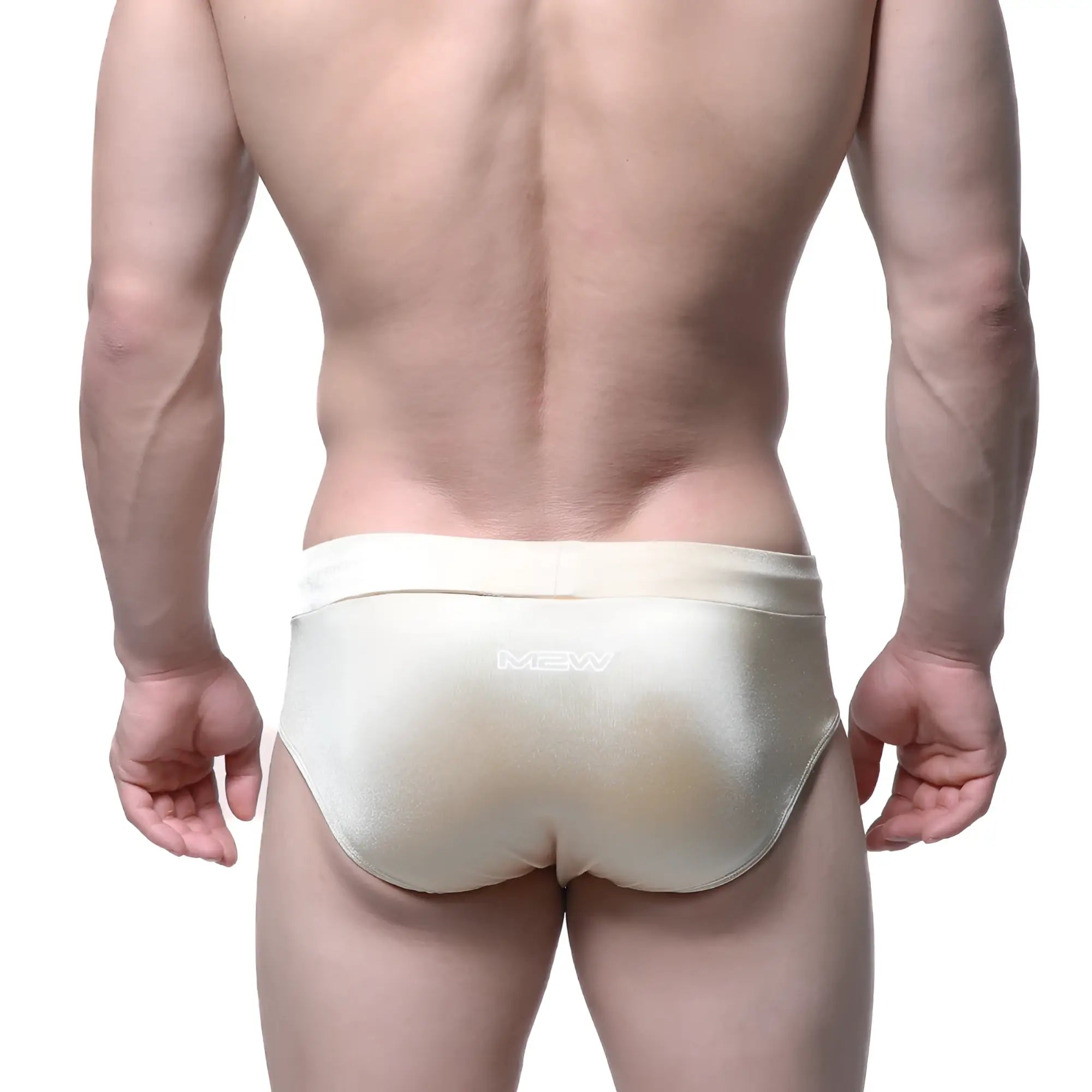 Cream-colored satin-finish MetroMaleWear Madrid swim briefs with subtle sheen and matching waistband