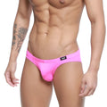MetroMaleWear magenta bikini briefs with bright pink sleek form-fitting fabric and black logo tag on waistband