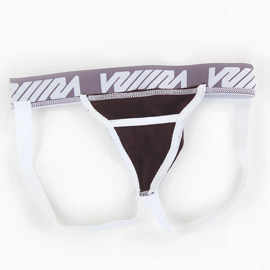 Black and white athletic briefs with gray waistband featuring viiim logo from metromalewear magic jock strap collection