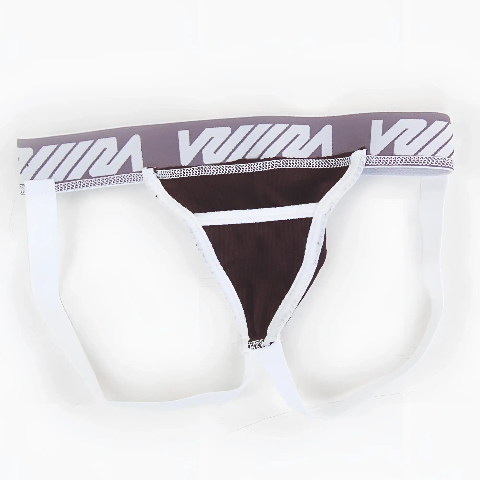 Black and white athletic briefs with gray waistband featuring viiim logo from metromalewear magic jock strap collection