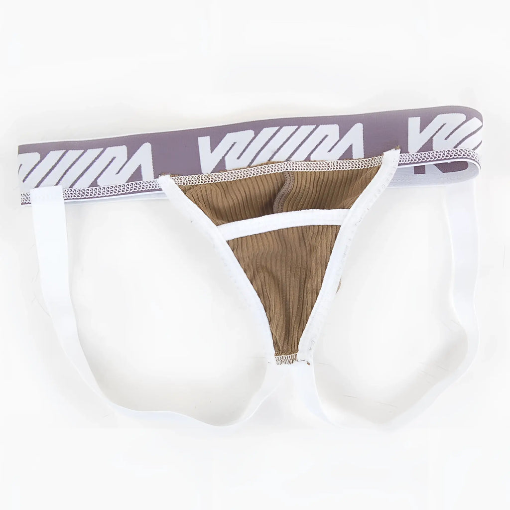 White and taupe metro male wear magic jock strap briefs with ribbed interior and gray viiim logo waistband