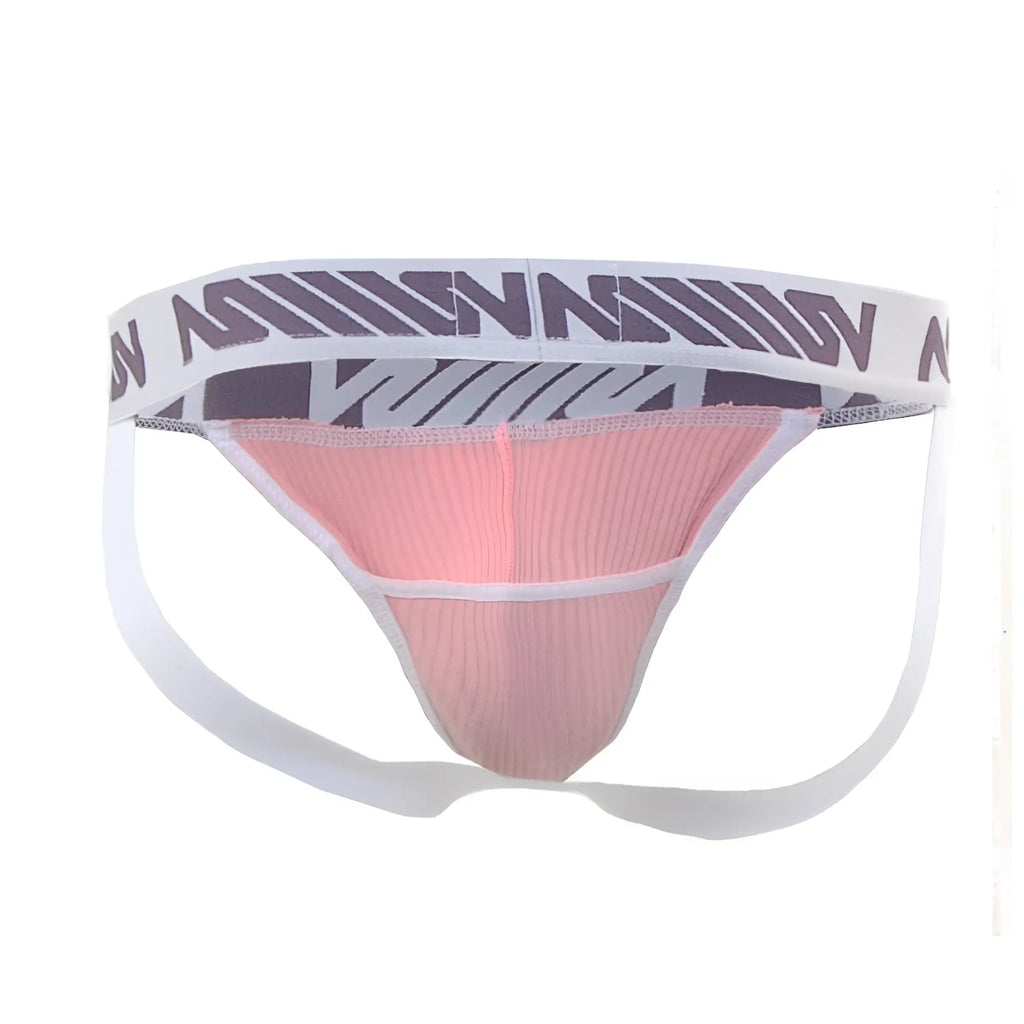 Pink ribbed athletic briefs with white waistband and purple gray geometric logo pattern by metromalewear magic jock strap