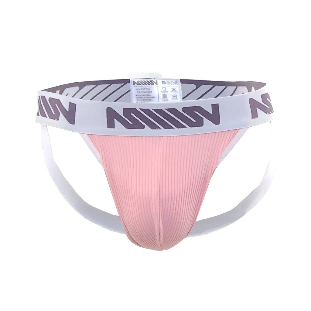 Pink ribbed athletic brief with white waistband and gray n logos from MetroMaleWear Magic Jock Strap Marshmallow Pink 2911-01