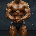 A muscular male bodybuilder wearing black MetroMaleWear magnetic swim bikini with white stripe waistband