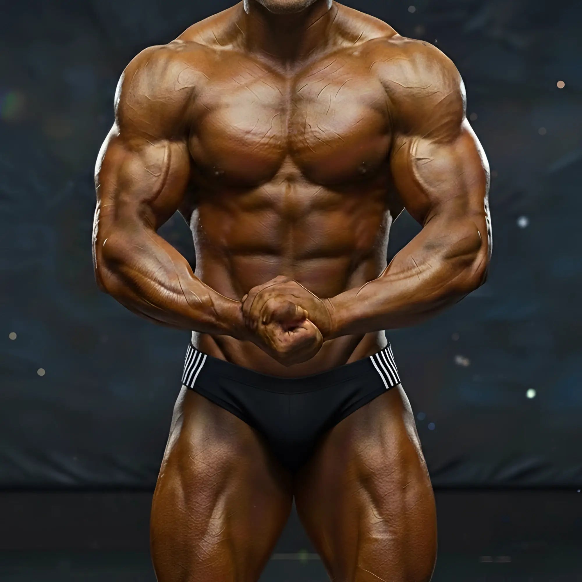 A muscular male bodybuilder wearing black MetroMaleWear magnetic swim bikini with white stripe waistband