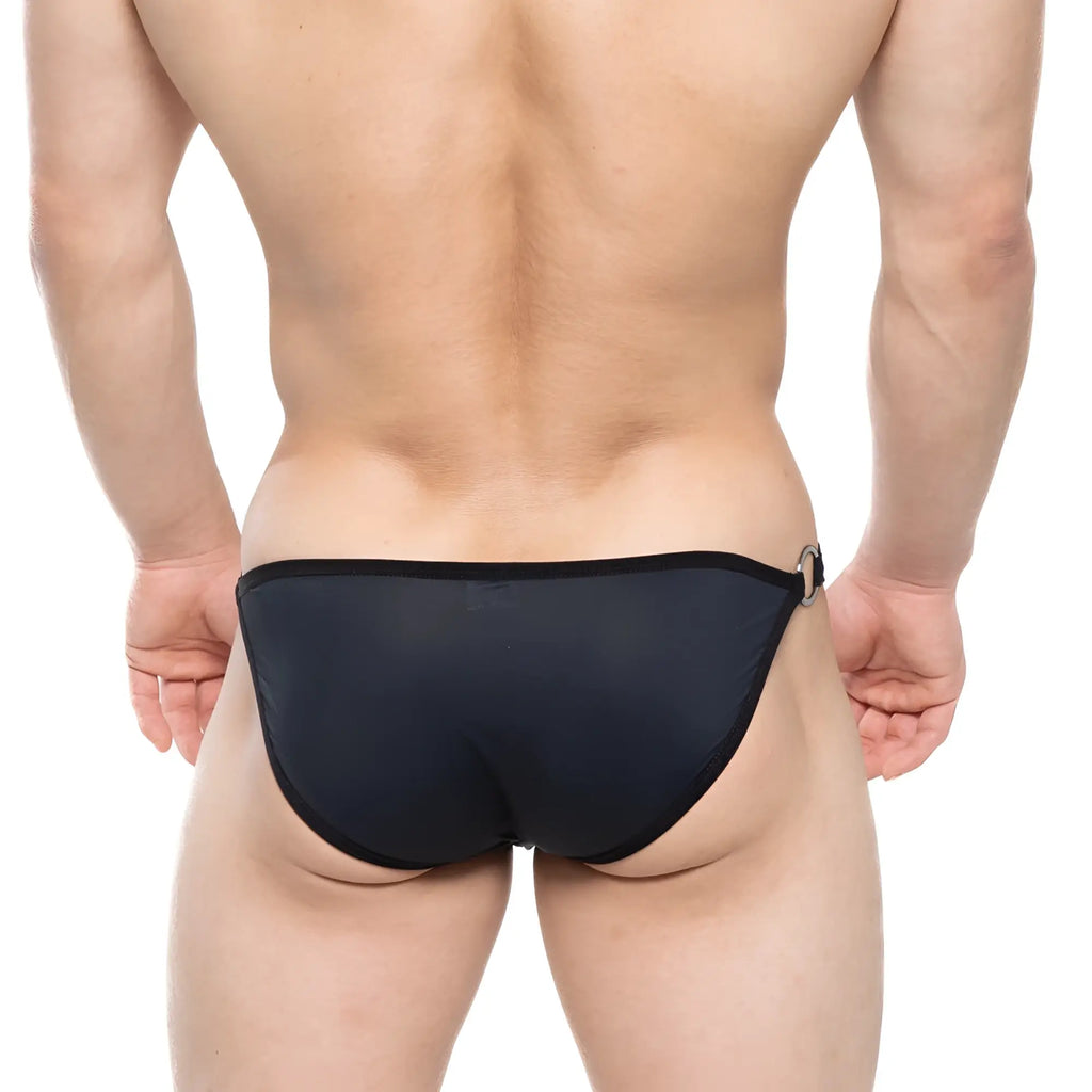Black sheer mesh briefs metroMalewear Mahana bikini with solid waistband and metal ring on right side