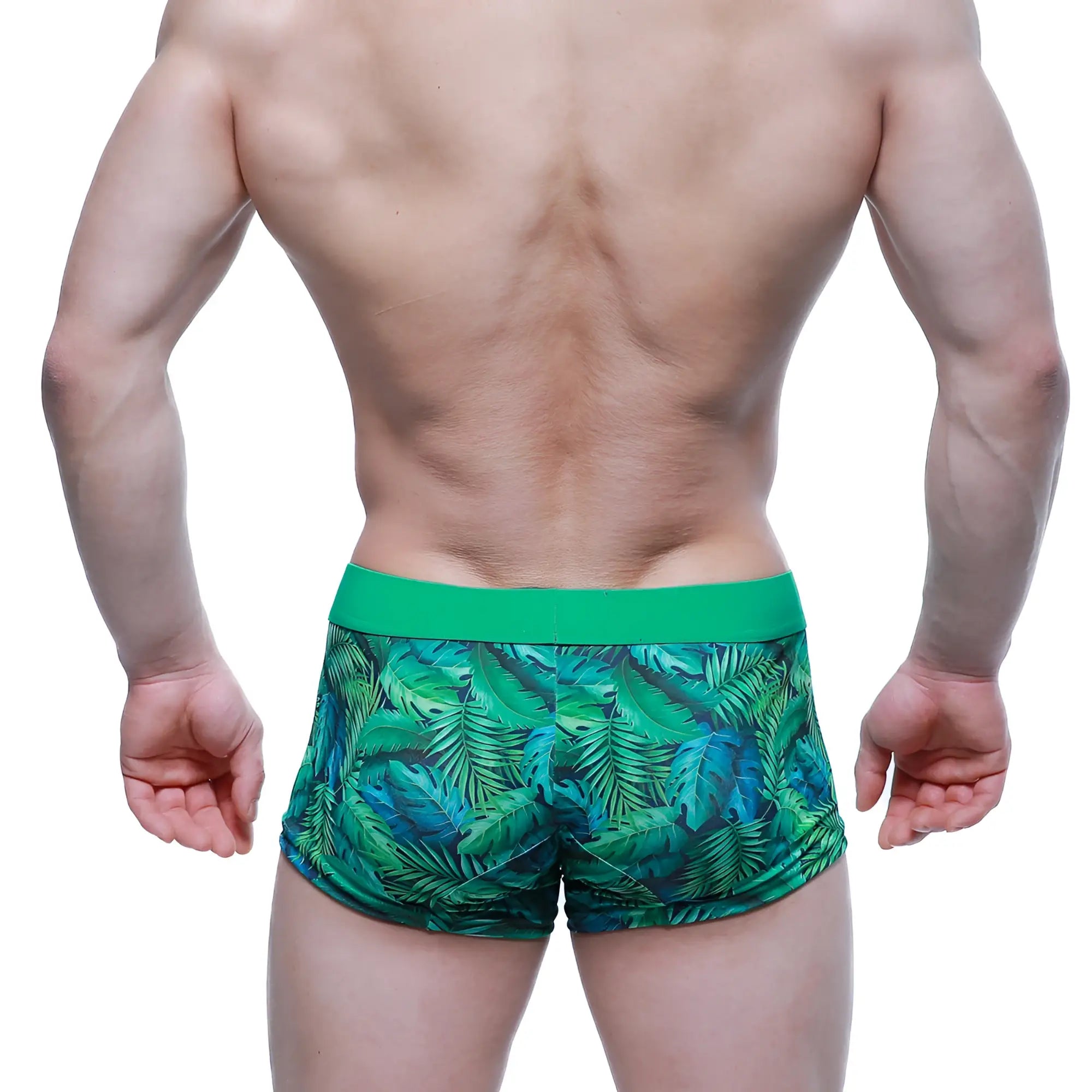 MetroMaleWear maintenant boxer brief Celva 2122-69 green tropical leaf-patterned swim trunks with solid green waistband