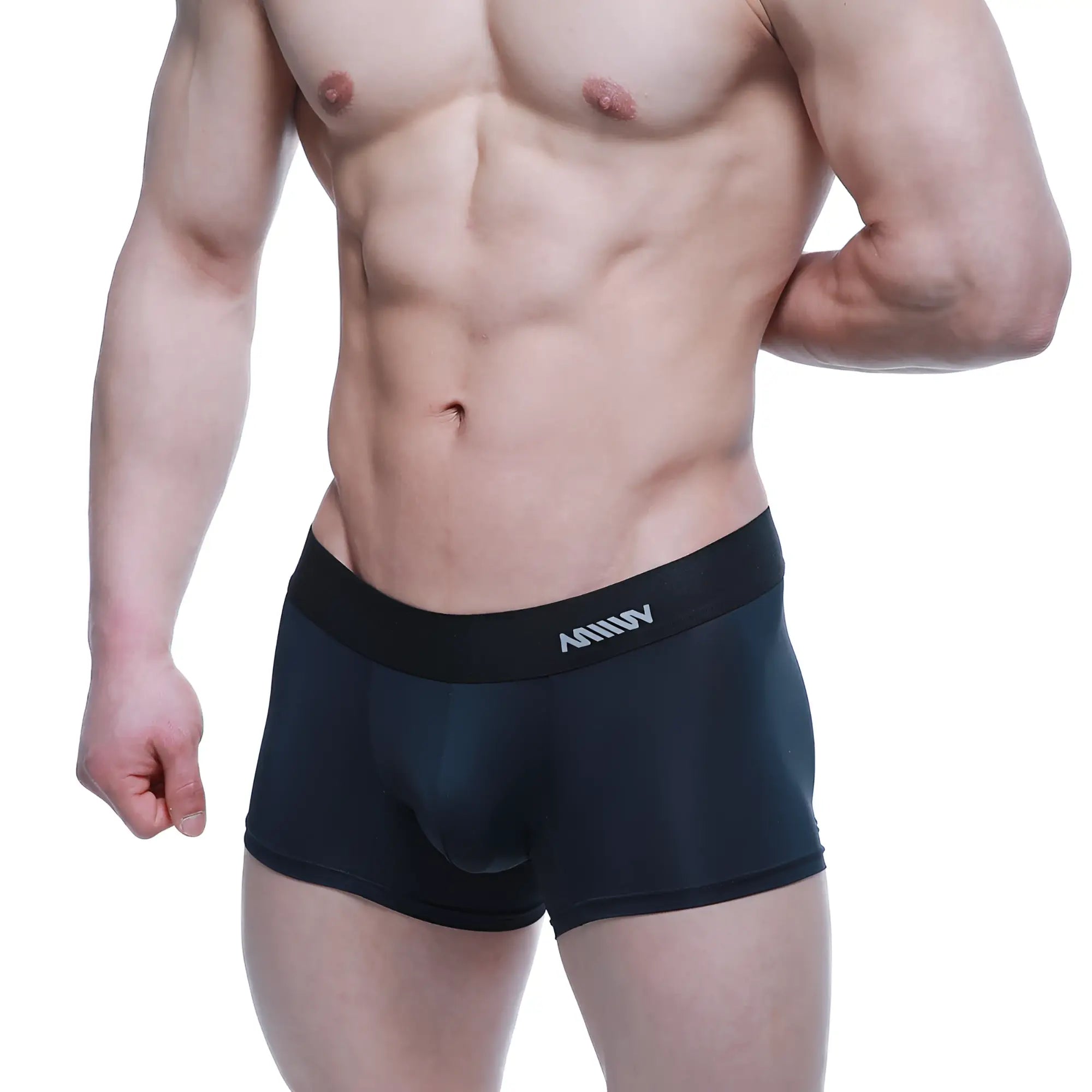 Black mens briefs with sleek form fitting design in black featuring amuuv embroidered waistband metroMaleWear maintenant boxer brief
