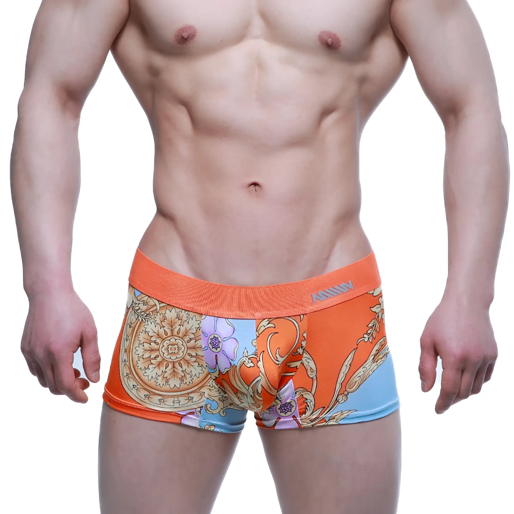 Orange and light blue ornate floral patterned MetroMaleWear Maintenant boxer brief 2122-68 front view