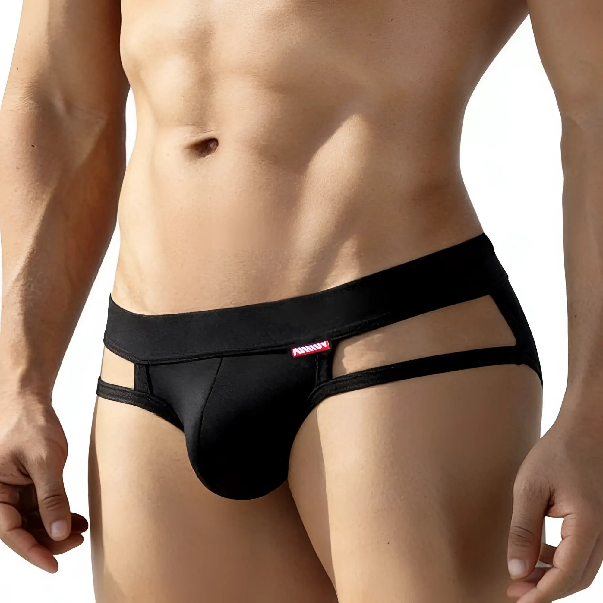 MetroMalewear malibu brief black 6625-20 men’s briefs with cutout design and red brand tag in soft fabric