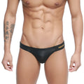 Black leather-like swim trunks with gold branding on the waistband metroMalewear malon bikini black 3603-29 front view