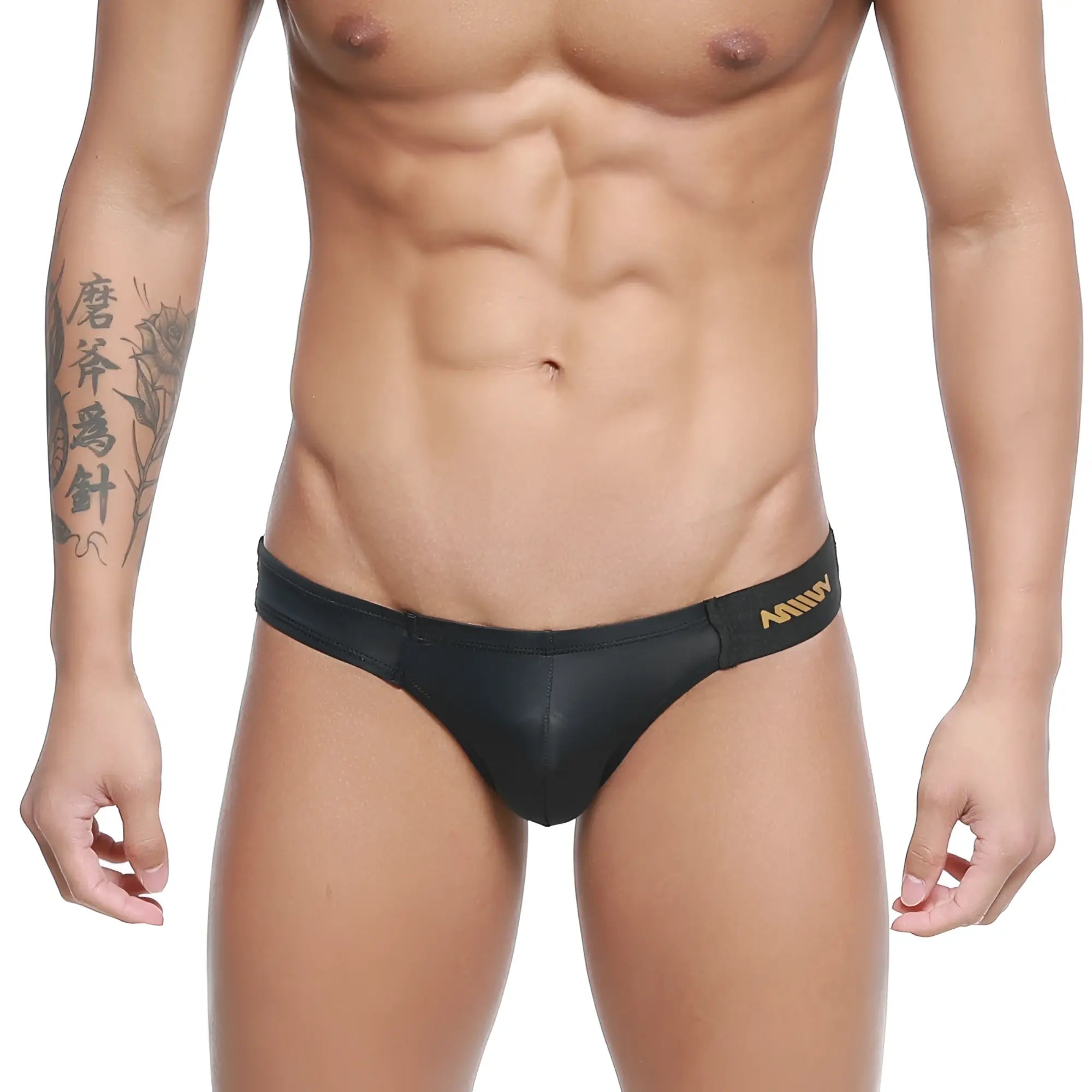 Black leather-like swim trunks with gold branding on the waistband metroMalewear malon bikini black 3603-29 front view