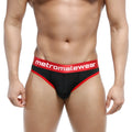 Black and red metromalewear martini briefs with textured waistband featuring white brand name lettering