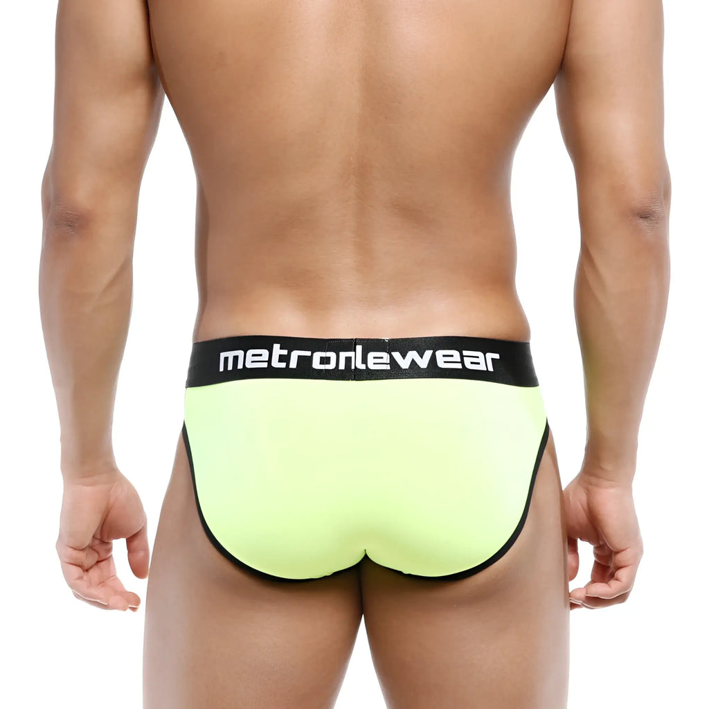 Metro malewear martini neon green briefs with black trim and waistband featuring metronlewear logo in white lettering