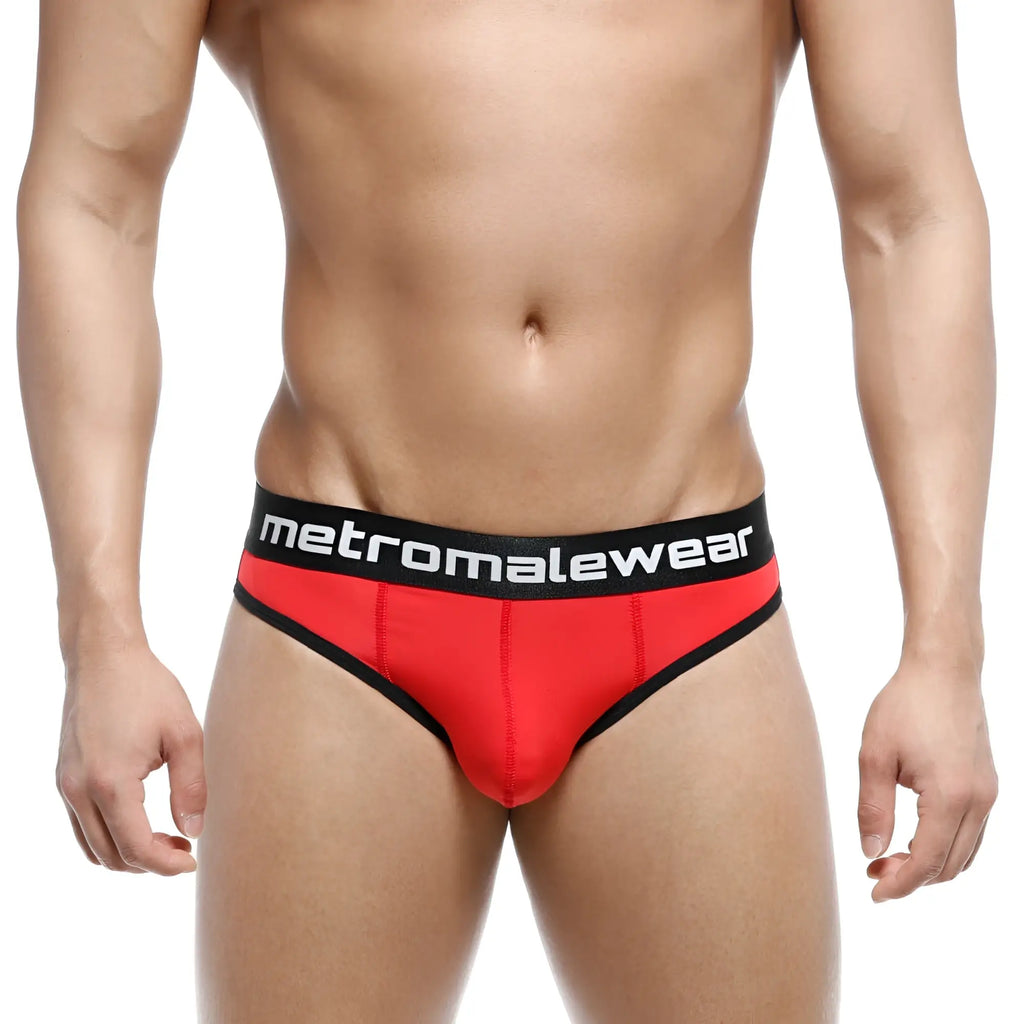 Red and black metromalewear martini briefs with sleek form-fitting design for comfortable everyday wear