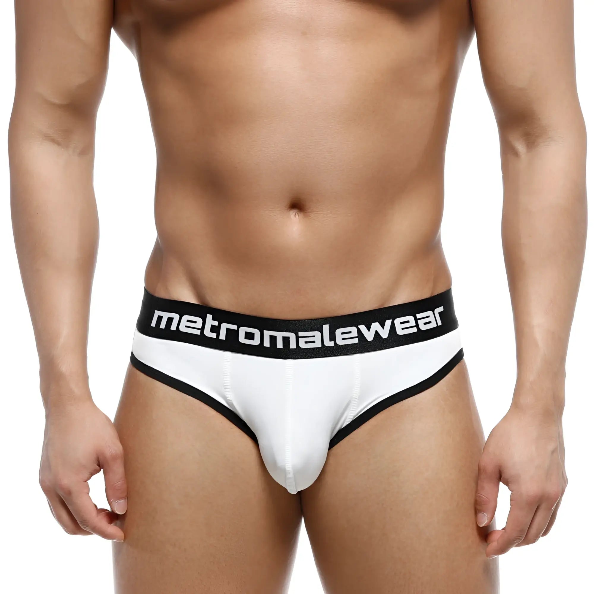 White men’s briefs with black trim and contrasting metromalewear logo band metro male wear martini brief 3103-00