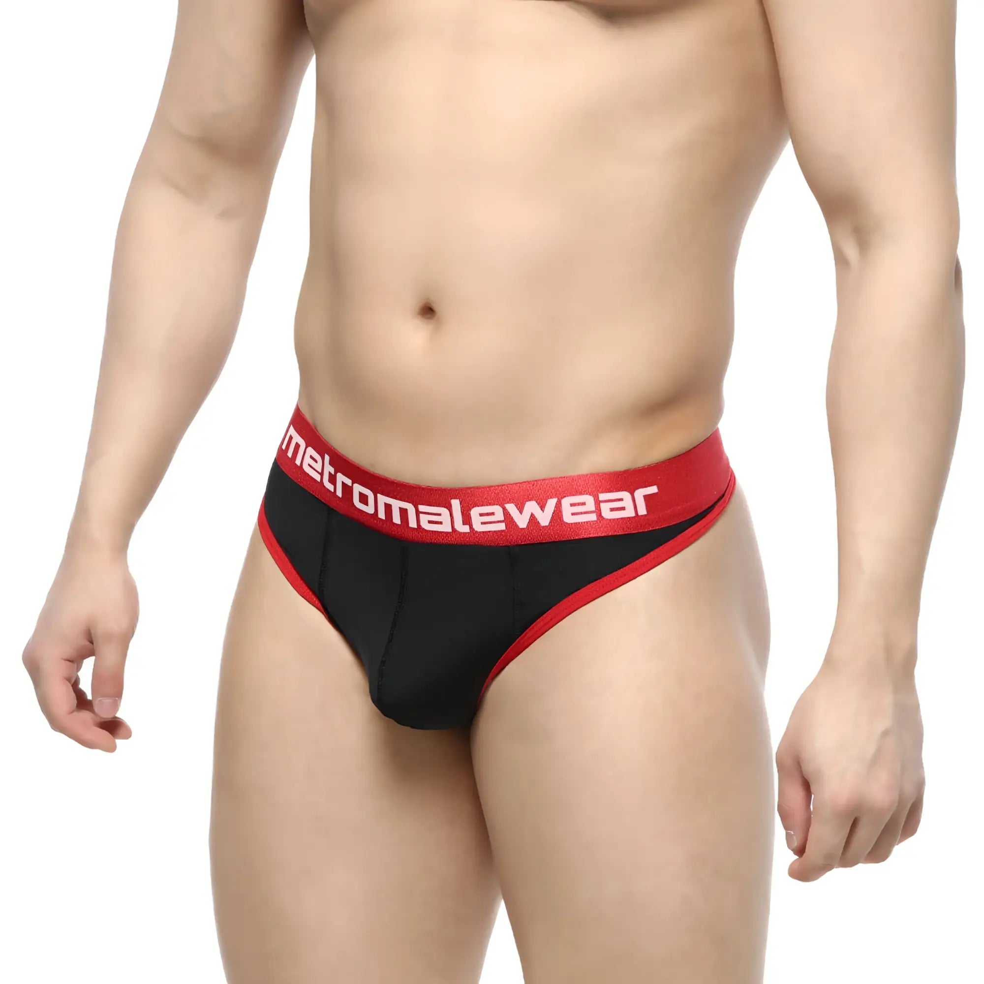 MetroMaleWear Martini thong briefs in black and red with a bold contrasting waistband for stylish comfort