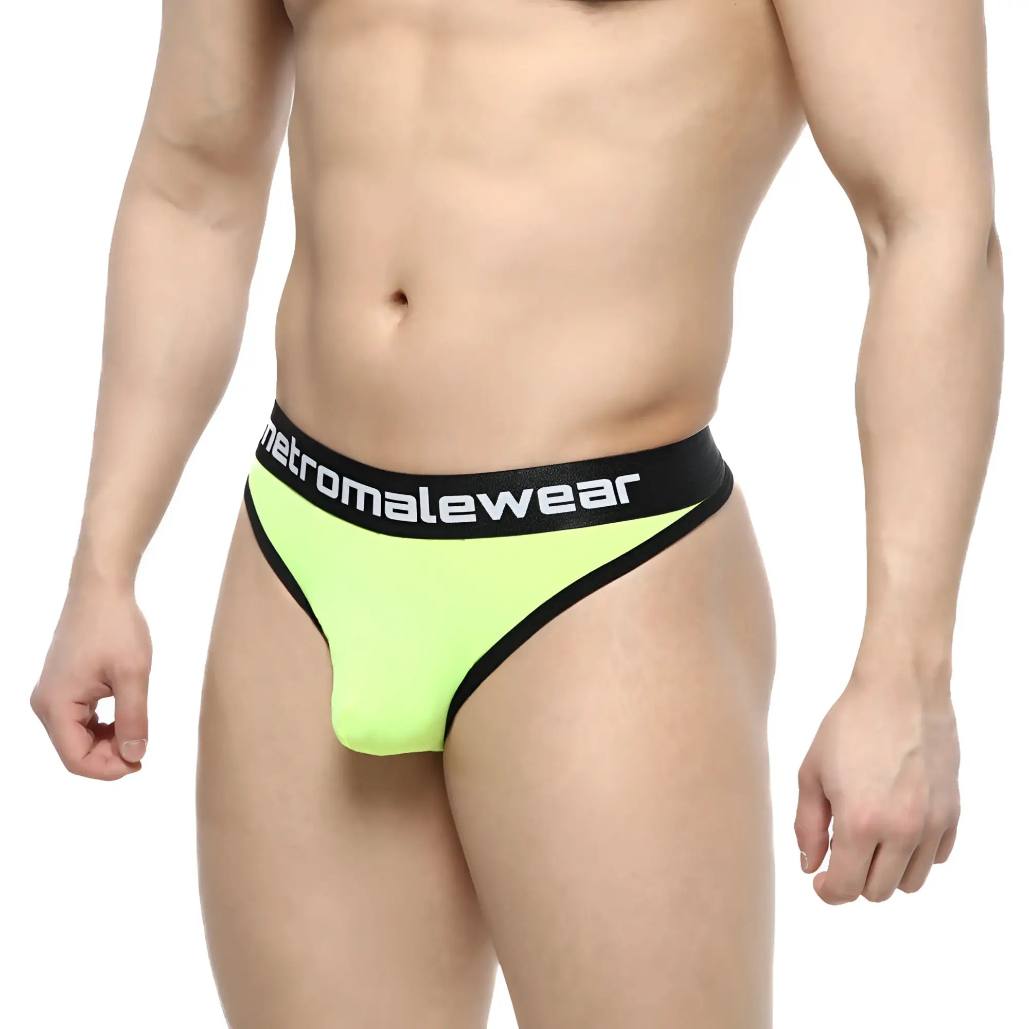 MetroMaleWear Martini thong neon green with black trim and branded waistband in bright neon green color