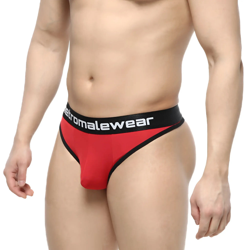 Red and black men’s thong with metromalewear branded waistband showing the front of metro male wear martini thong 2112-12